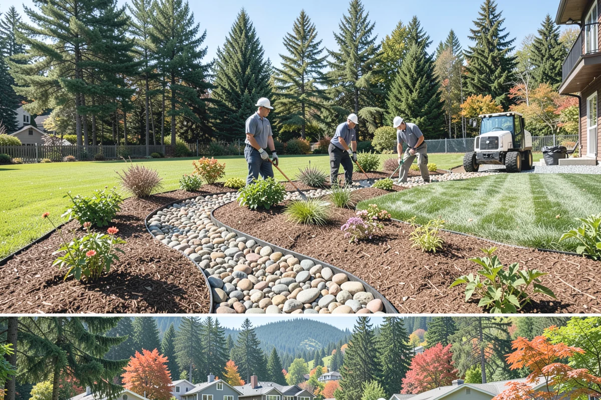 Full Landscape Installation in Fircrest, Pierce County, WA - Spring and fall installations take advantage of the region's mild, damp weather to help new plantings and lawns establish quickly.