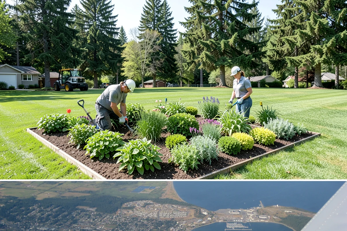 Full Landscape Installation in Oak Harbor, Island County, WA - Spring and fall installations take advantage of the region's mild, damp weather to help new plantings and lawns establish quickly.