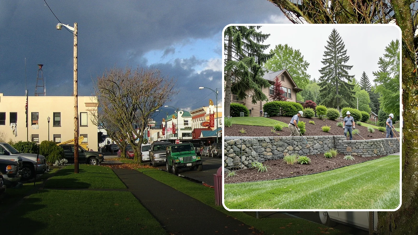 Gabion Retaining Wall in Arlington, Snohomish County, WA - A free-draining wall of stone-filled wire baskets that offers industrial style and outstanding water management for PNW slopes.