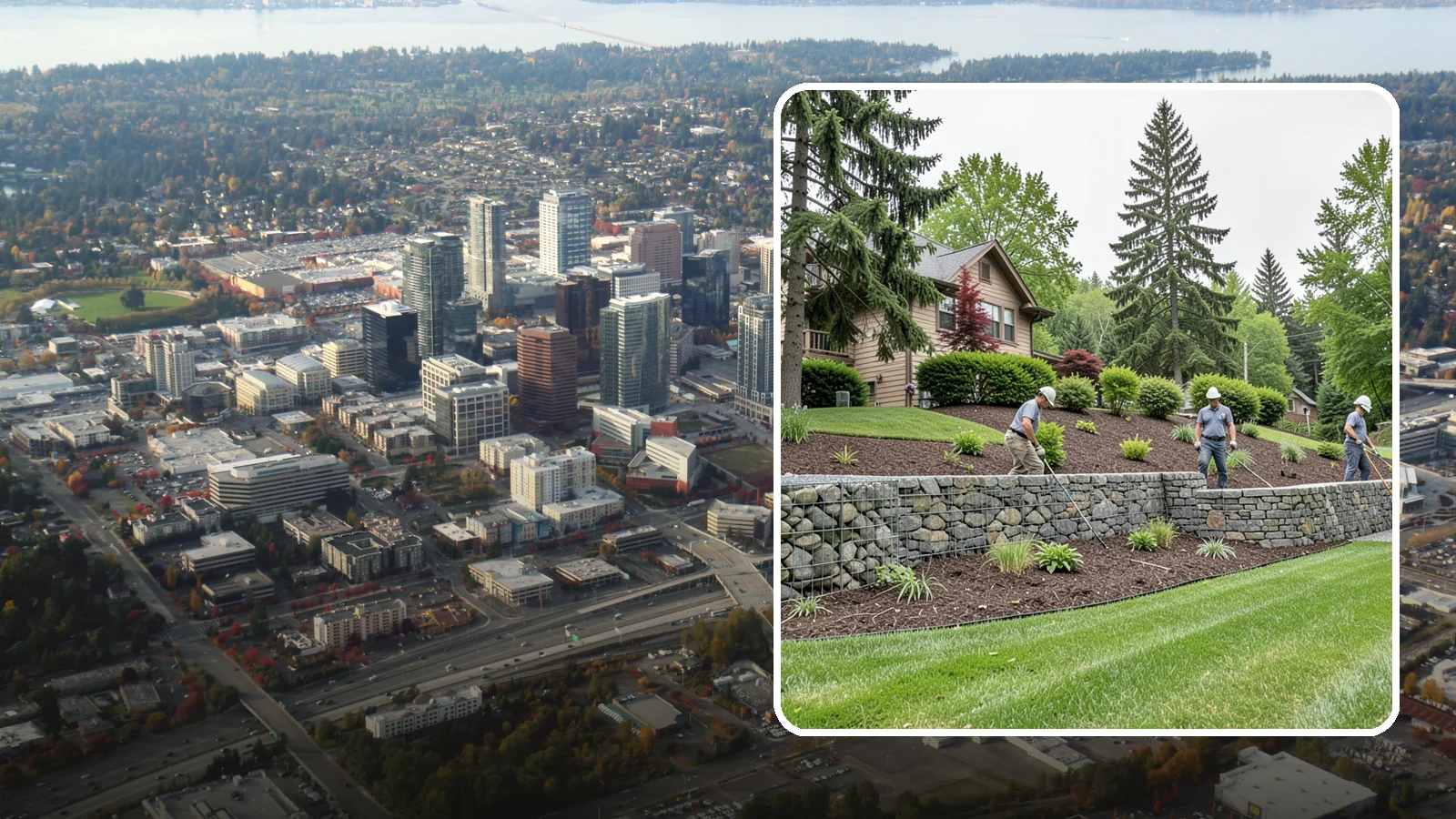 Gabion Retaining Wall in Bellevue, King County, WA - A free-draining wall of stone-filled wire baskets that offers industrial style and outstanding water management for PNW slopes.