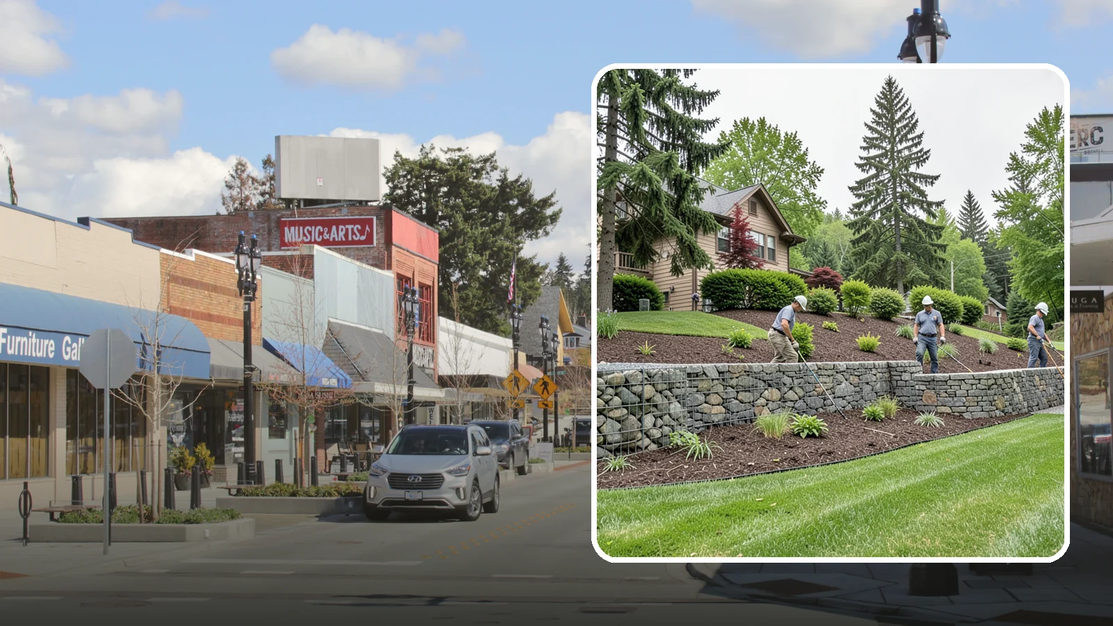 Gabion Retaining Wall in Bothell, King County, WA - A free-draining wall of stone-filled wire baskets that offers industrial style and outstanding water management for PNW slopes.
