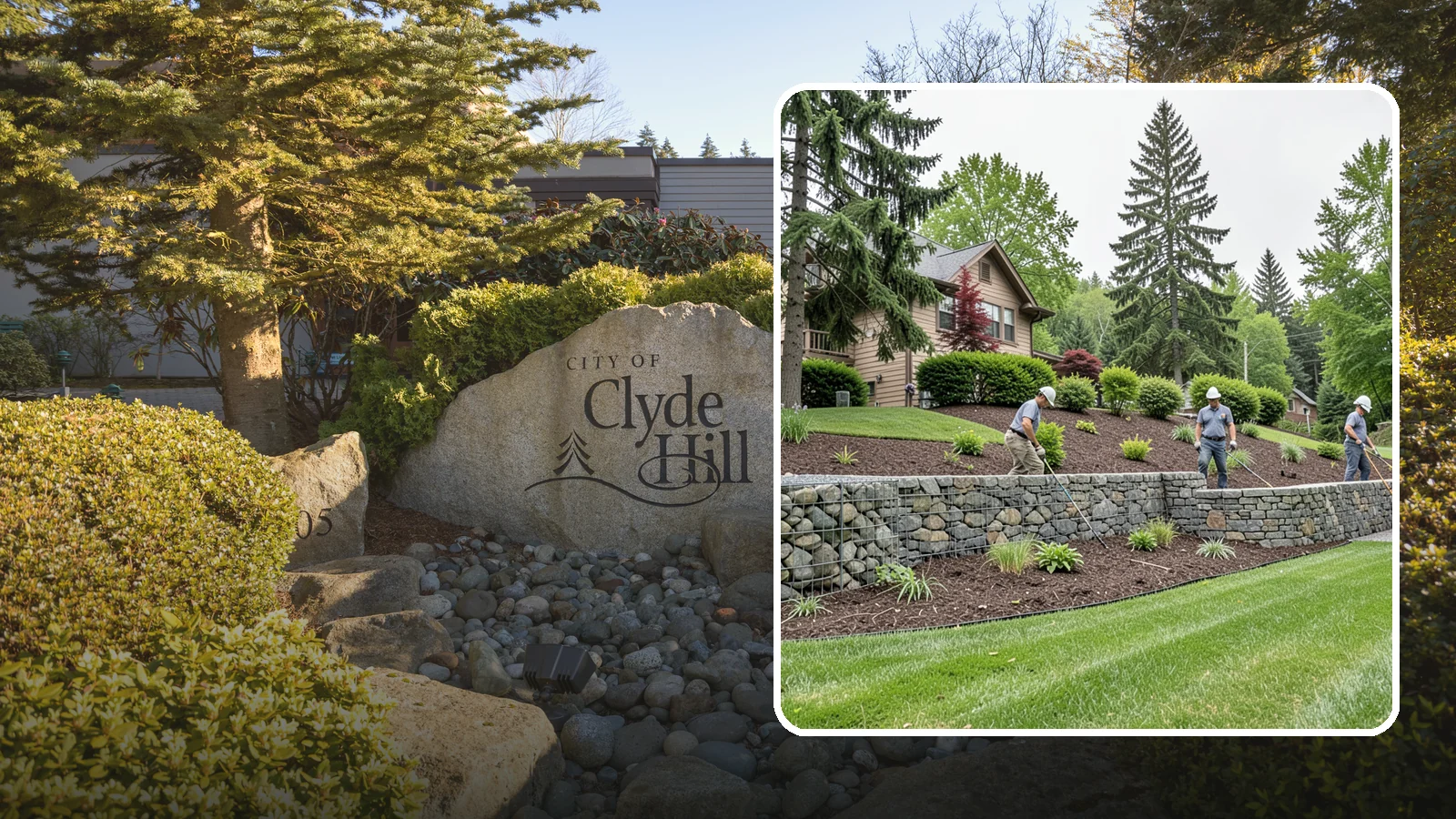 Gabion Retaining Wall in Clyde Hill, King County, WA - A free-draining wall of stone-filled wire baskets that offers industrial style and outstanding water management for PNW slopes.