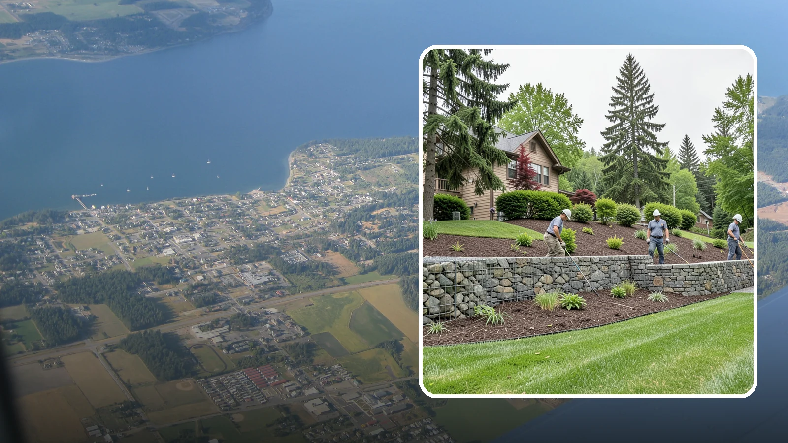Gabion Retaining Wall in Coupeville, Island County, WA - A free-draining wall of stone-filled wire baskets that offers industrial style and outstanding water management for PNW slopes.