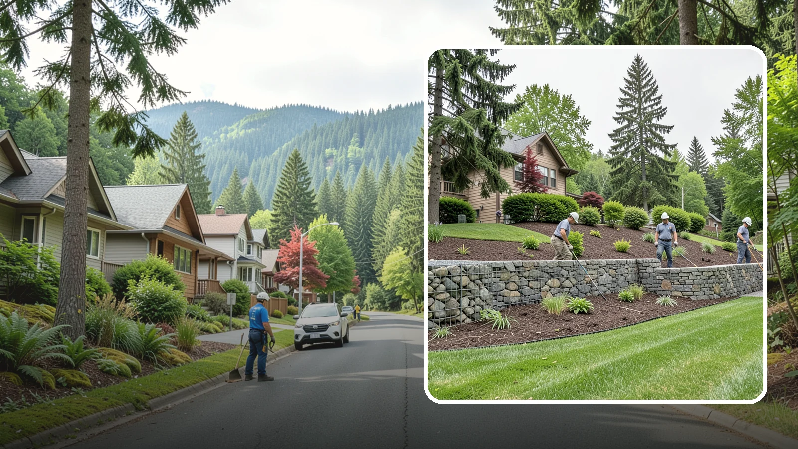 Gabion Retaining Wall in Darrington, Snohomish County, WA - A free-draining wall of stone-filled wire baskets that offers industrial style and outstanding water management for PNW slopes.