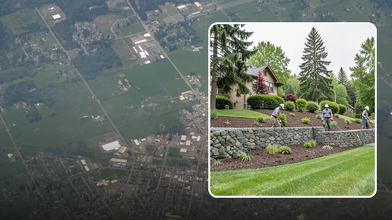 Gabion Retaining Wall in Enumclaw, King County, WA - A free-draining wall of stone-filled wire baskets that offers industrial style and outstanding water management for PNW slopes.