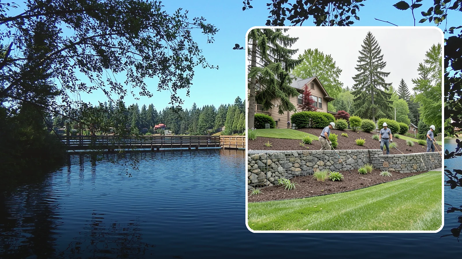 Gabion Retaining Wall in Federal Way, King County, WA - A free-draining wall of stone-filled wire baskets that offers industrial style and outstanding water management for PNW slopes.