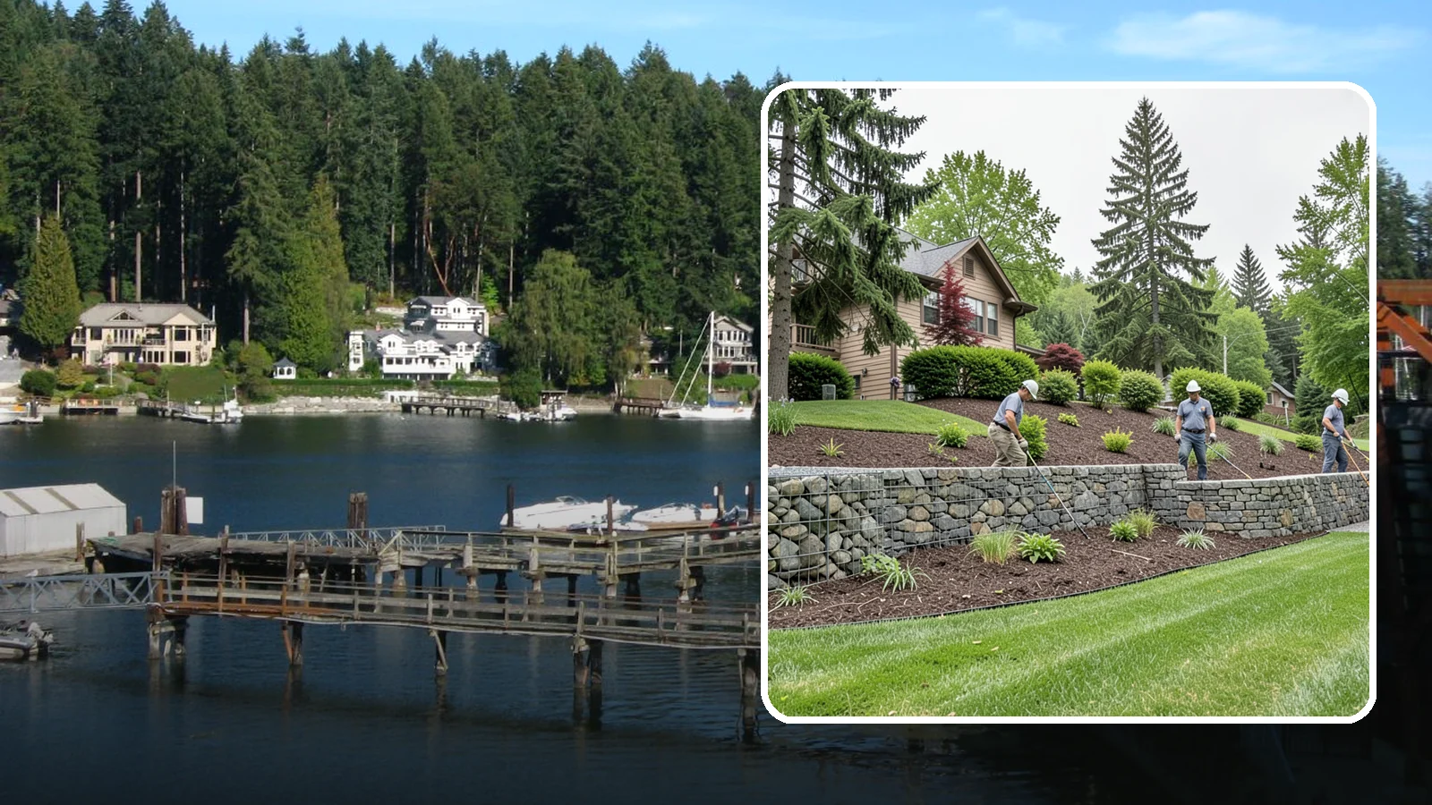 Gabion Retaining Wall in Gig Harbor, Pierce County, WA - A free-draining wall of stone-filled wire baskets that offers industrial style and outstanding water management for PNW slopes.