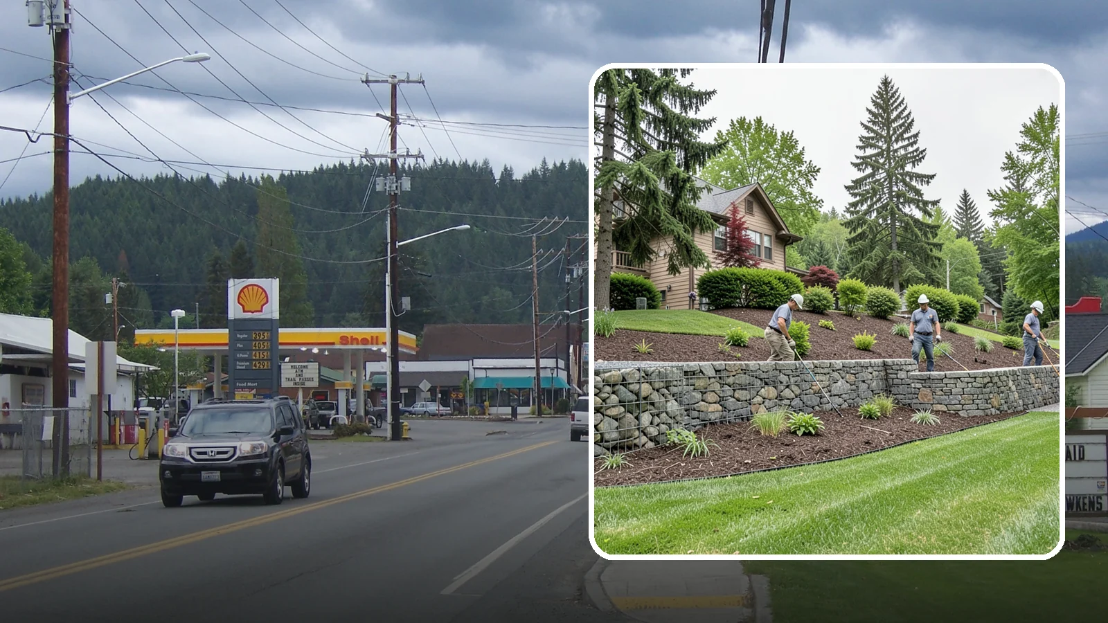 Gabion Retaining Wall in Granite Falls, Snohomish County, WA - A free-draining wall of stone-filled wire baskets that offers industrial style and outstanding water management for PNW slopes.