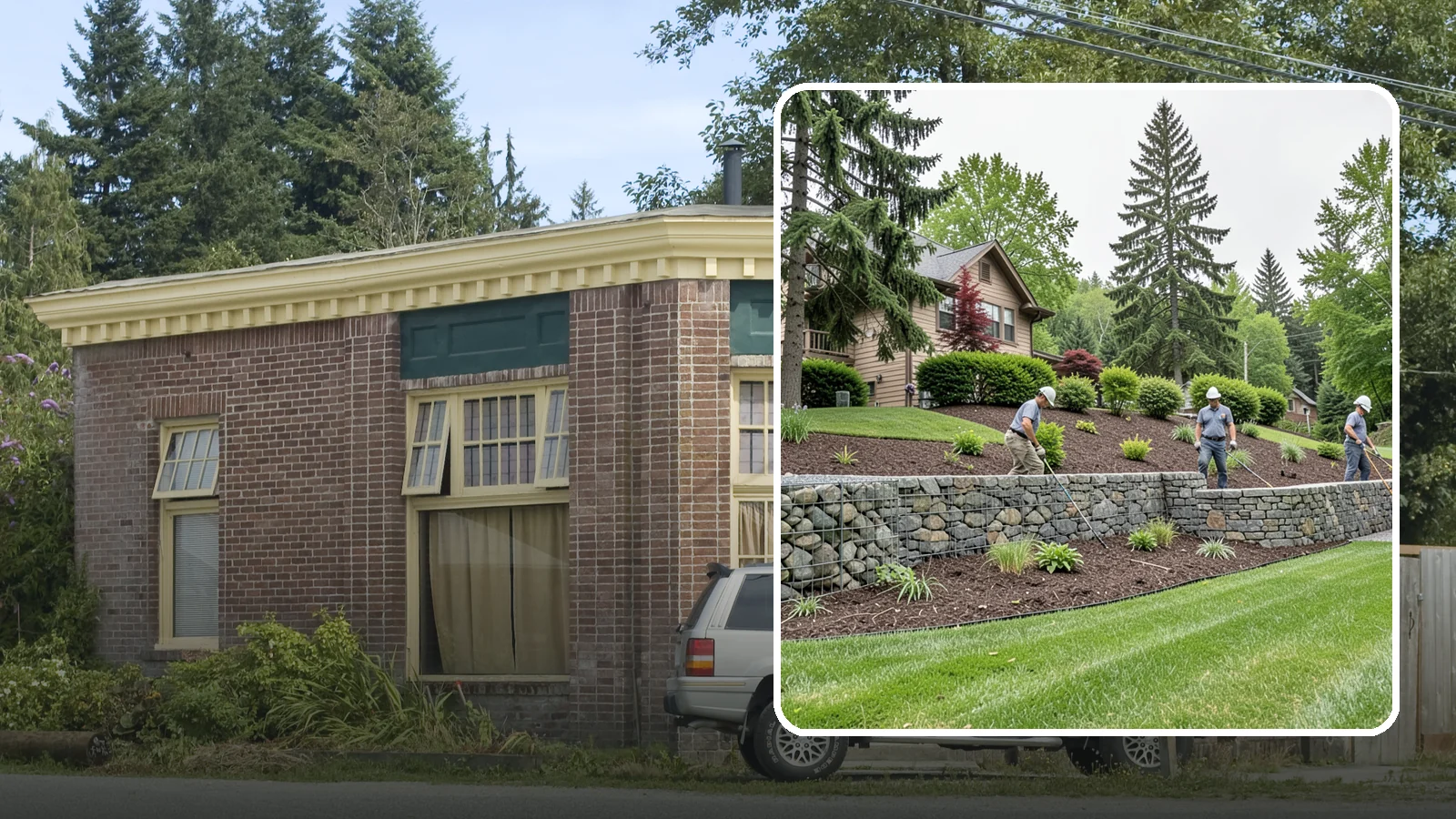 Gabion Retaining Wall in Hamilton, Skagit County, WA - A free-draining wall of stone-filled wire baskets that offers industrial style and outstanding water management for PNW slopes.