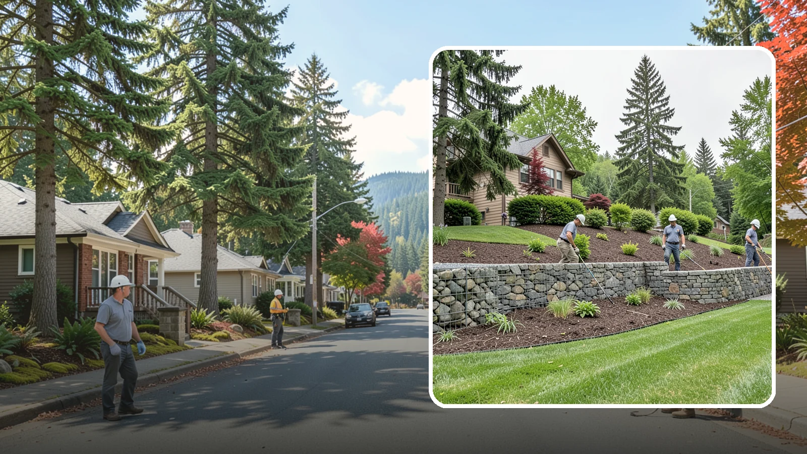 Gabion Retaining Wall in Hunts Point, King County, WA - A free-draining wall of stone-filled wire baskets that offers industrial style and outstanding water management for PNW slopes.