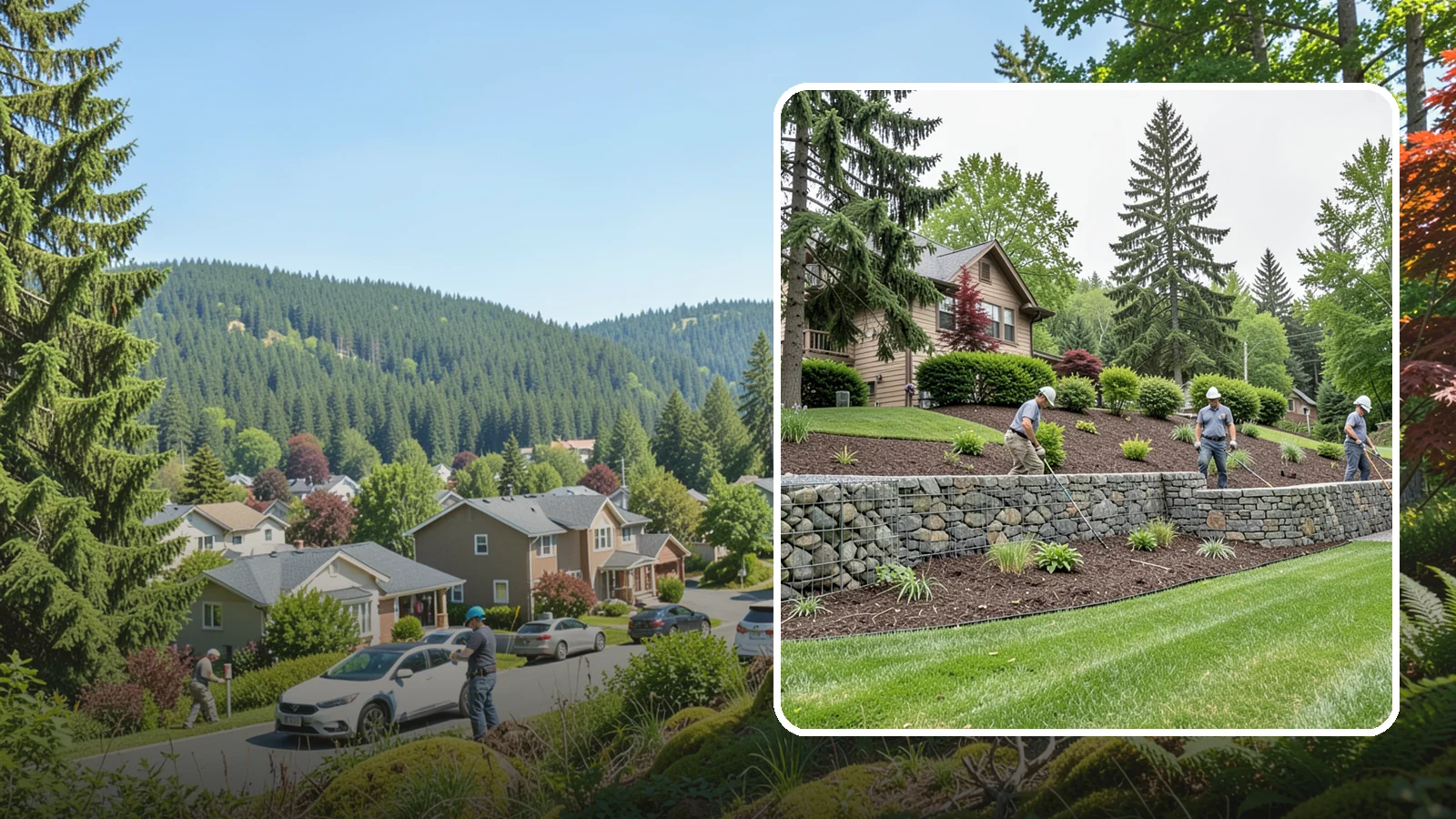 Gabion Retaining Wall in Index, Snohomish County, WA - A free-draining wall of stone-filled wire baskets that offers industrial style and outstanding water management for PNW slopes.