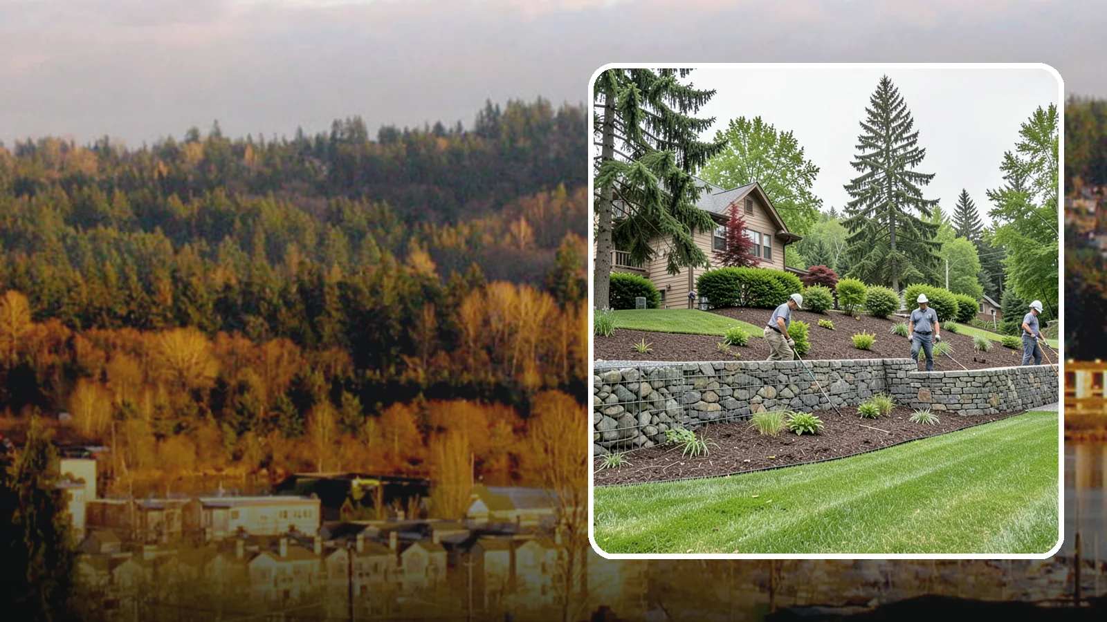 Gabion Retaining Wall in Kenmore, King County, WA - A free-draining wall of stone-filled wire baskets that offers industrial style and outstanding water management for PNW slopes.
