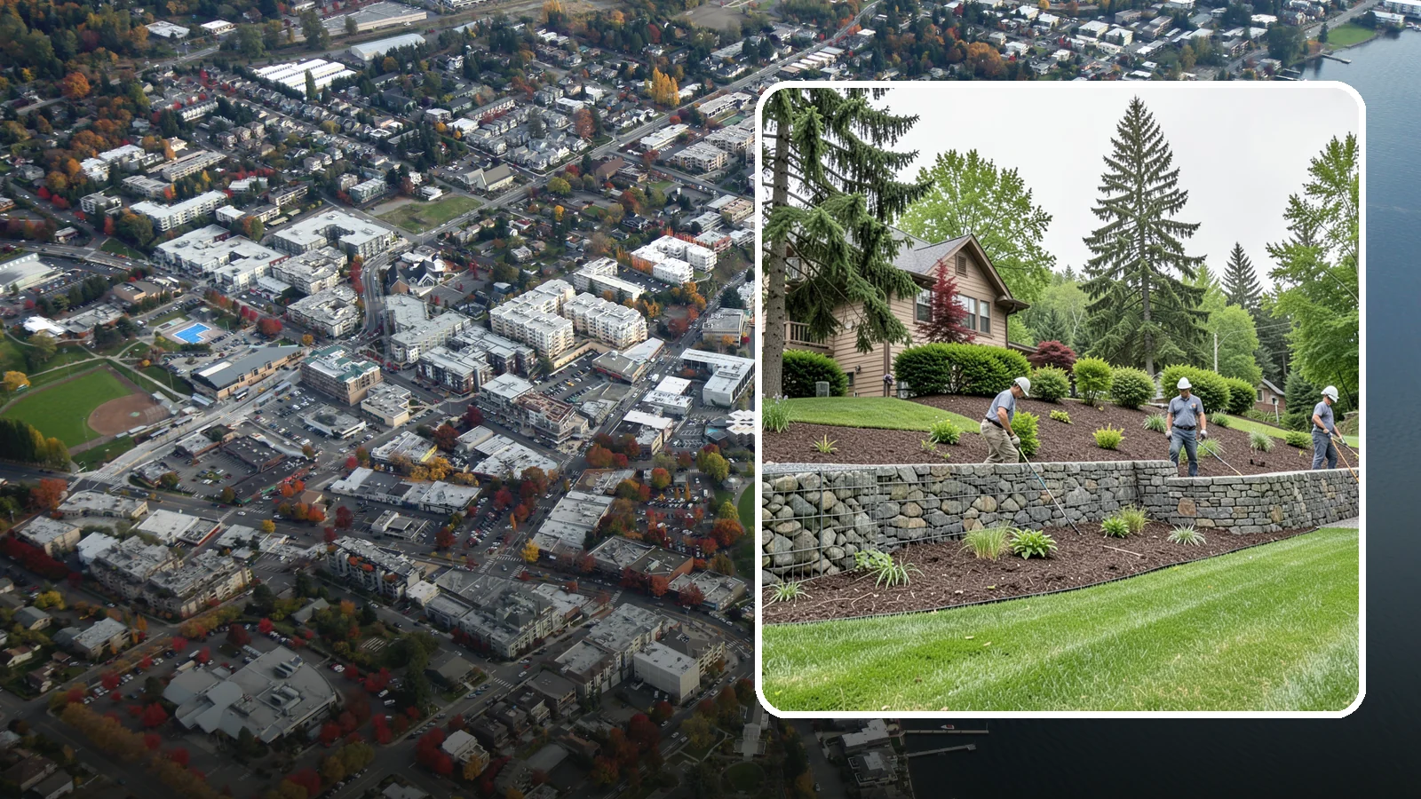 Gabion Retaining Wall in Kirkland, King County, WA - A free-draining wall of stone-filled wire baskets that offers industrial style and outstanding water management for PNW slopes.