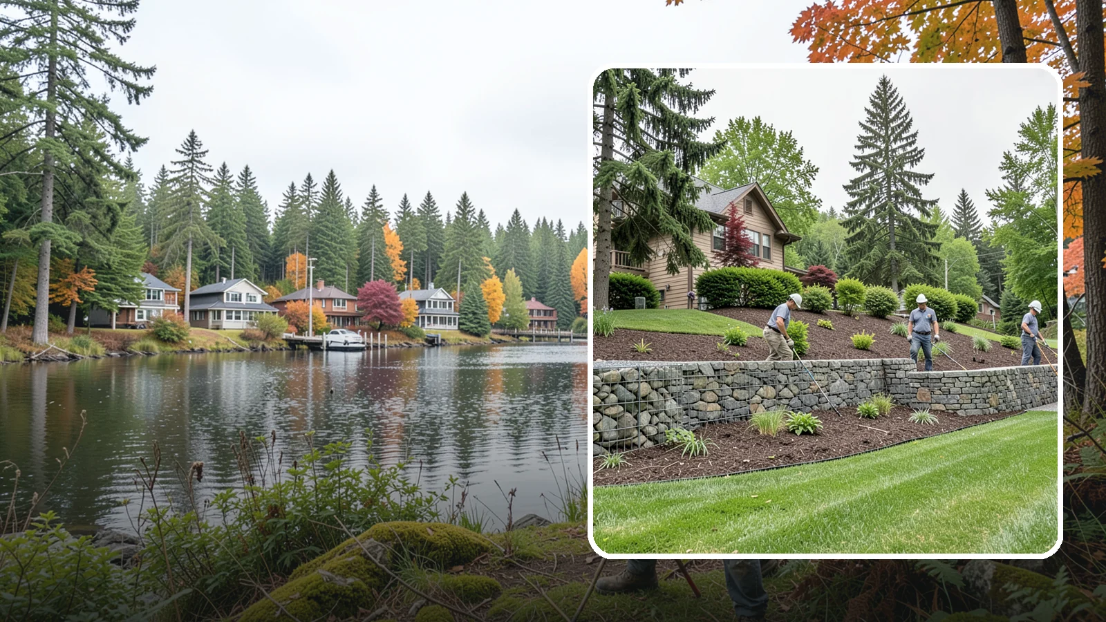 Gabion Retaining Wall in La Conner, Skagit County, WA - A free-draining wall of stone-filled wire baskets that offers industrial style and outstanding water management for PNW slopes.