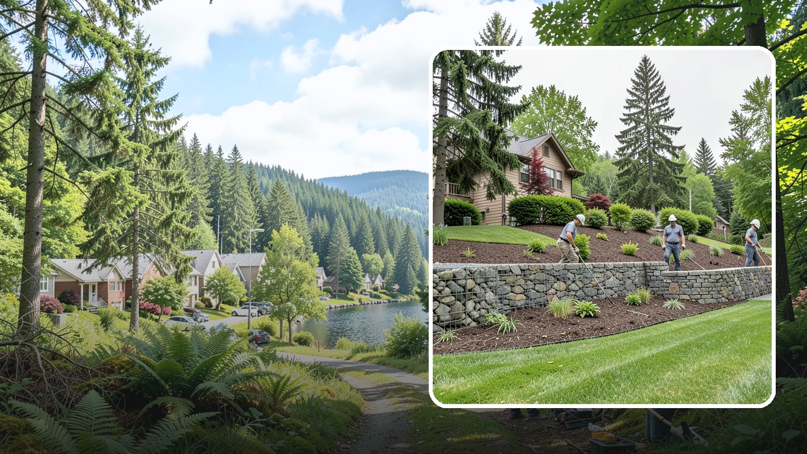 Gabion Retaining Wall in Lake Forest Park, King County, WA - A free-draining wall of stone-filled wire baskets that offers industrial style and outstanding water management for PNW slopes.