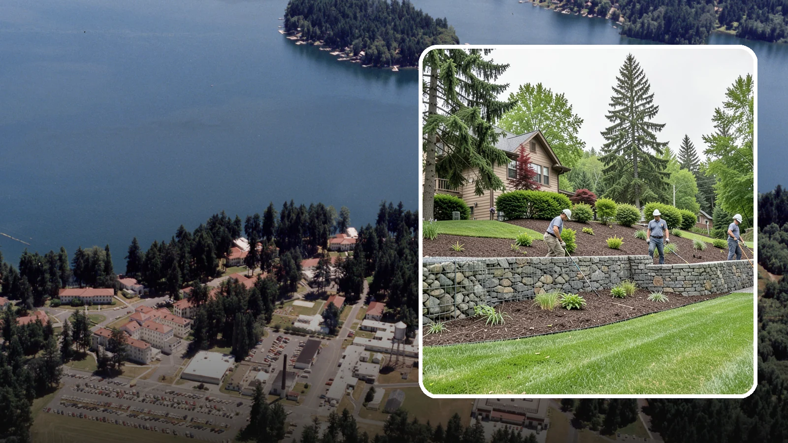 Gabion Retaining Wall in Lakewood, Pierce County, WA - A free-draining wall of stone-filled wire baskets that offers industrial style and outstanding water management for PNW slopes.
