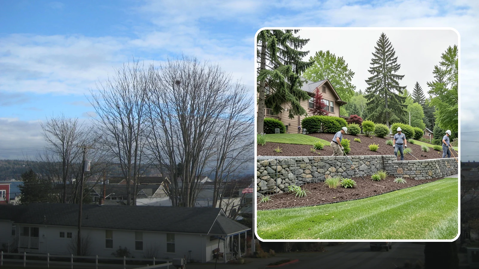 Gabion Retaining Wall in Langley, Island County, WA - A free-draining wall of stone-filled wire baskets that offers industrial style and outstanding water management for PNW slopes.
