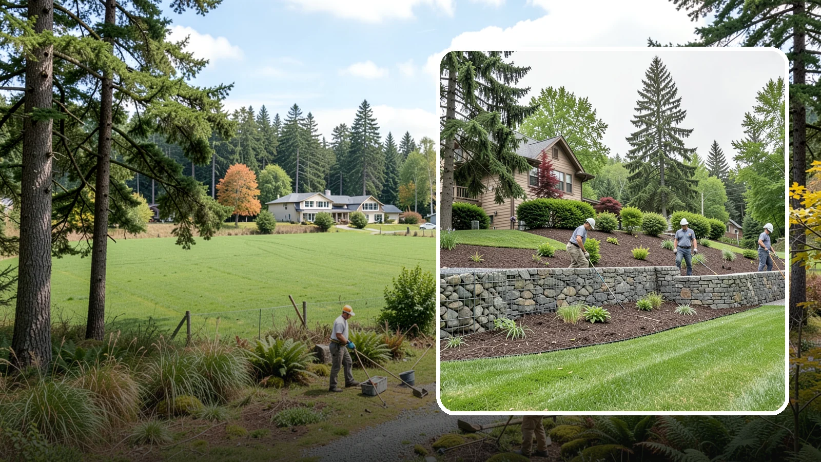 Gabion Retaining Wall in Lyman, Skagit County, WA - A free-draining wall of stone-filled wire baskets that offers industrial style and outstanding water management for PNW slopes.