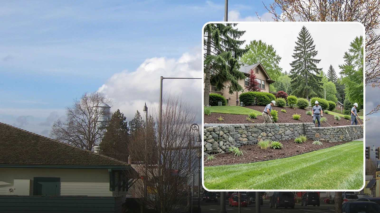 Gabion Retaining Wall in Marysville, Snohomish County, WA - A free-draining wall of stone-filled wire baskets that offers industrial style and outstanding water management for PNW slopes.