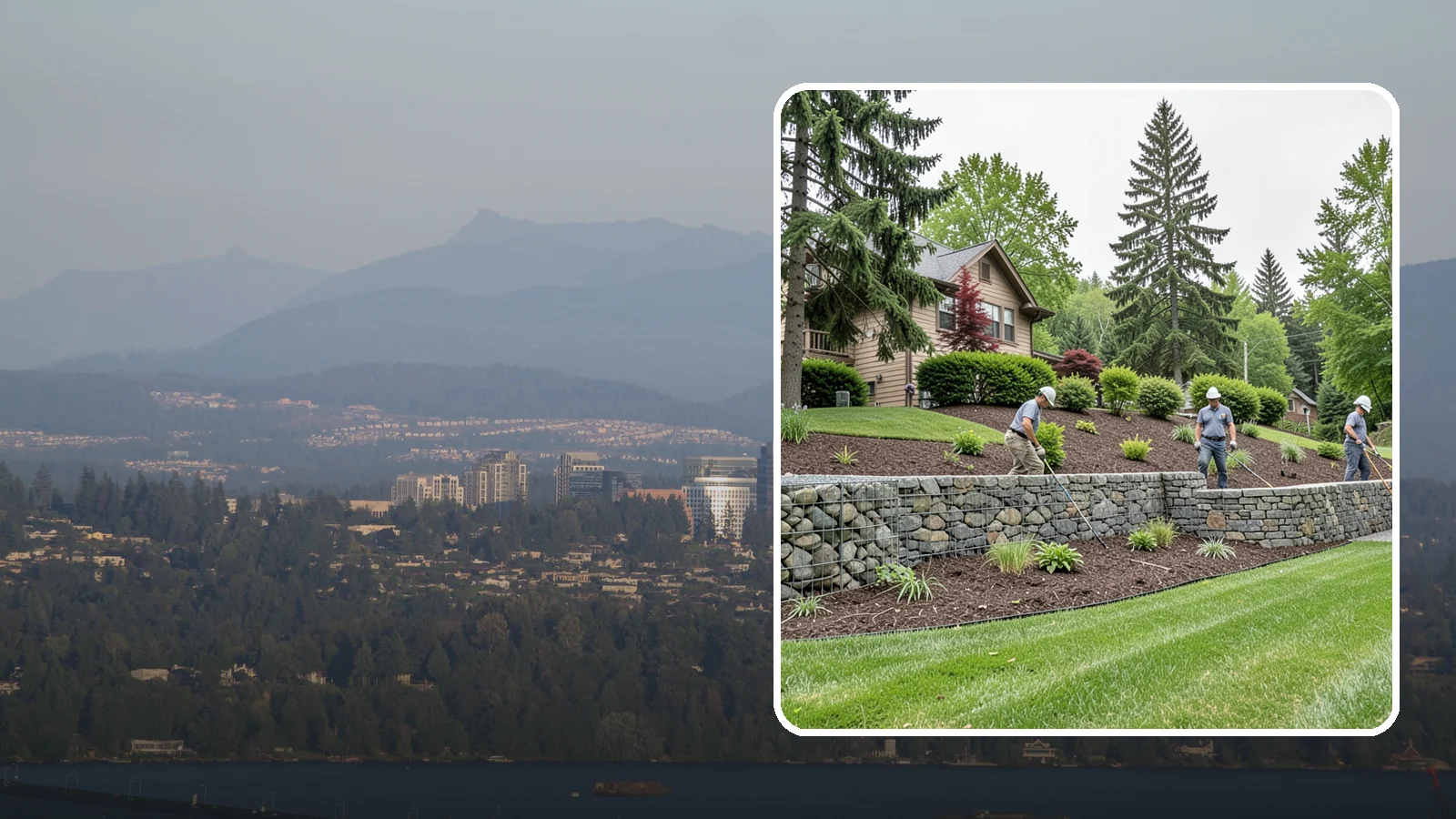 Gabion Retaining Wall in Medina, King County, WA - A free-draining wall of stone-filled wire baskets that offers industrial style and outstanding water management for PNW slopes.