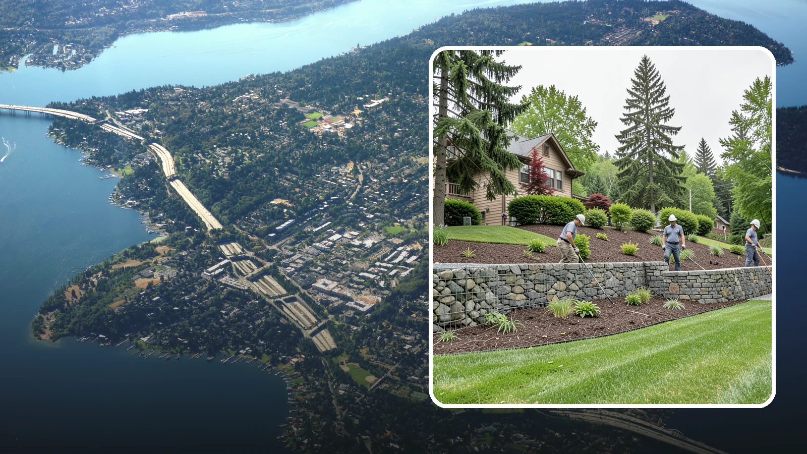 Gabion Retaining Wall in Mercer Island, King County, WA - A free-draining wall of stone-filled wire baskets that offers industrial style and outstanding water management for PNW slopes.