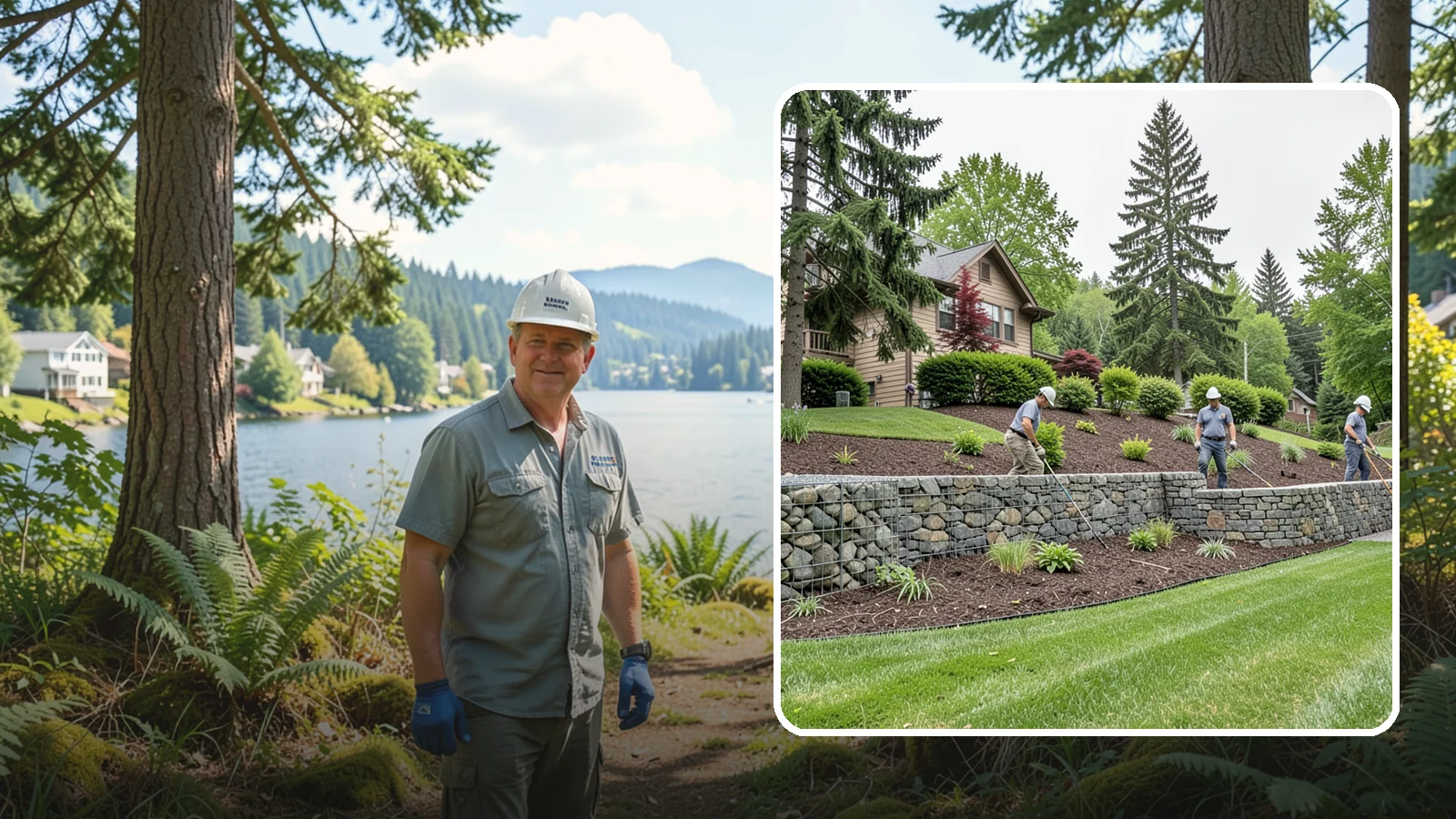 Gabion Retaining Wall in Milton, King County, WA - A free-draining wall of stone-filled wire baskets that offers industrial style and outstanding water management for PNW slopes.