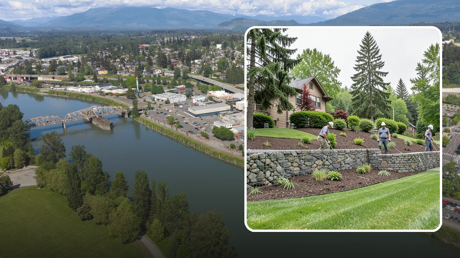 Gabion Retaining Wall in Mount Vernon, Skagit County, WA - A free-draining wall of stone-filled wire baskets that offers industrial style and outstanding water management for PNW slopes.