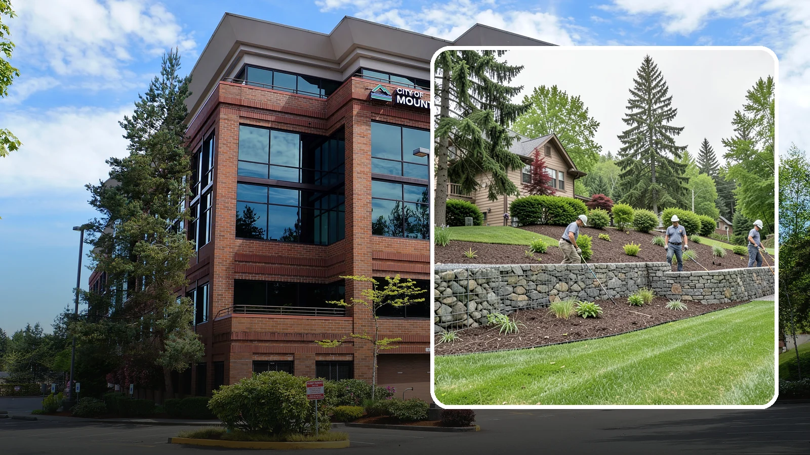 Gabion Retaining Wall in Mountlake Terrace, Snohomish County, WA - A free-draining wall of stone-filled wire baskets that offers industrial style and outstanding water management for PNW slopes.