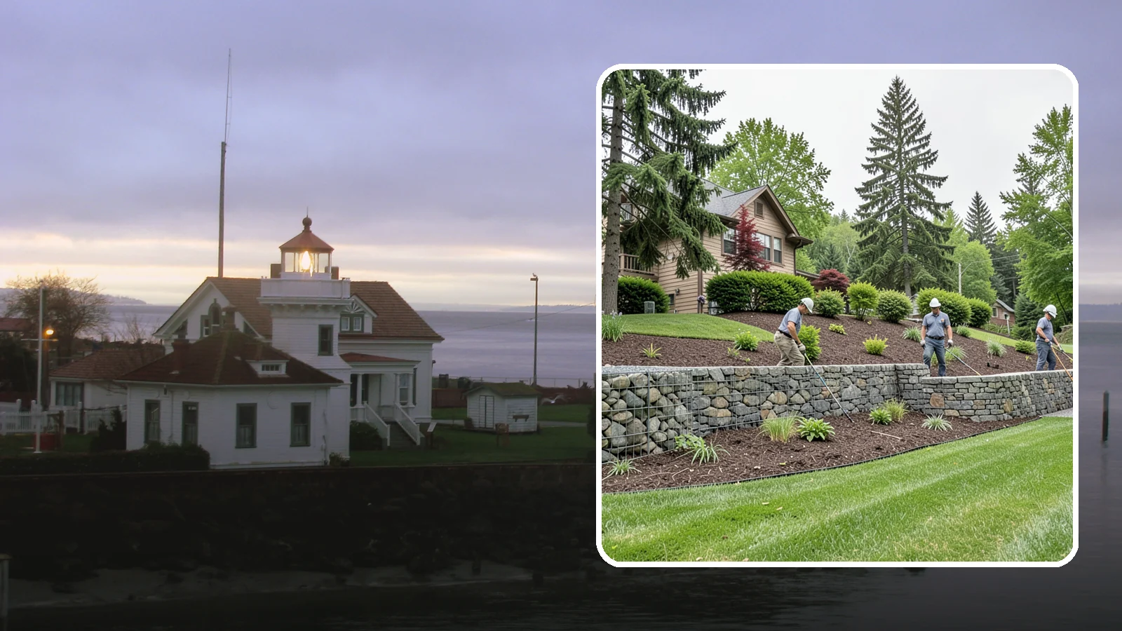 Gabion Retaining Wall in Mukilteo, Snohomish County, WA - A free-draining wall of stone-filled wire baskets that offers industrial style and outstanding water management for PNW slopes.