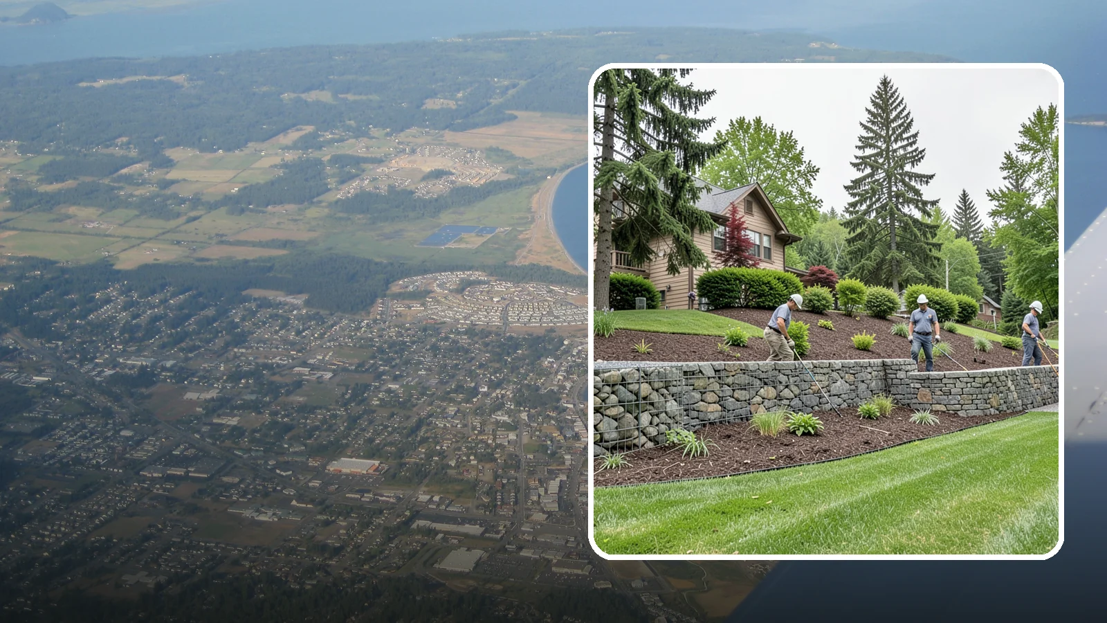 Gabion Retaining Wall in Oak Harbor, Island County, WA - A free-draining wall of stone-filled wire baskets that offers industrial style and outstanding water management for PNW slopes.