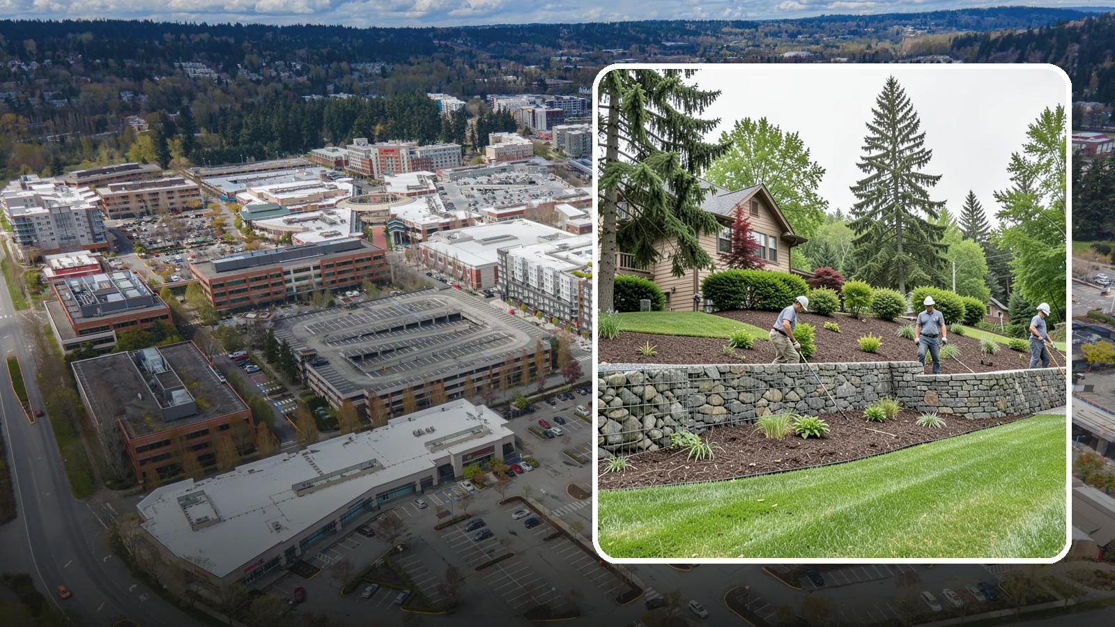 Gabion Retaining Wall in Redmond, King County, WA - A free-draining wall of stone-filled wire baskets that offers industrial style and outstanding water management for PNW slopes.