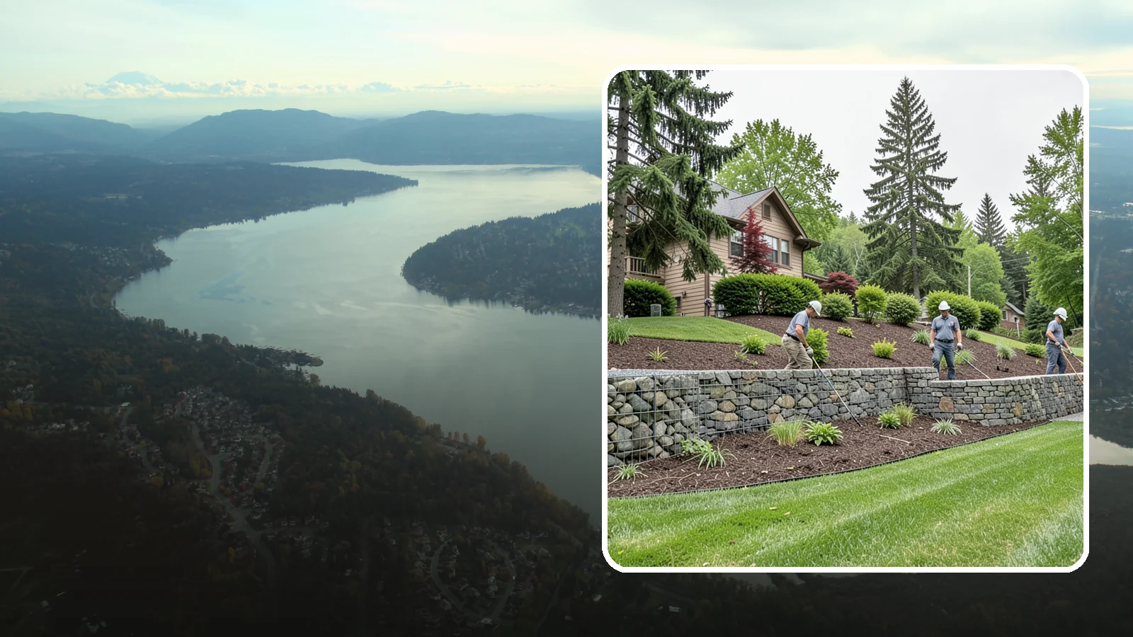 Gabion Retaining Wall in Sammamish, King County, WA - A free-draining wall of stone-filled wire baskets that offers industrial style and outstanding water management for PNW slopes.