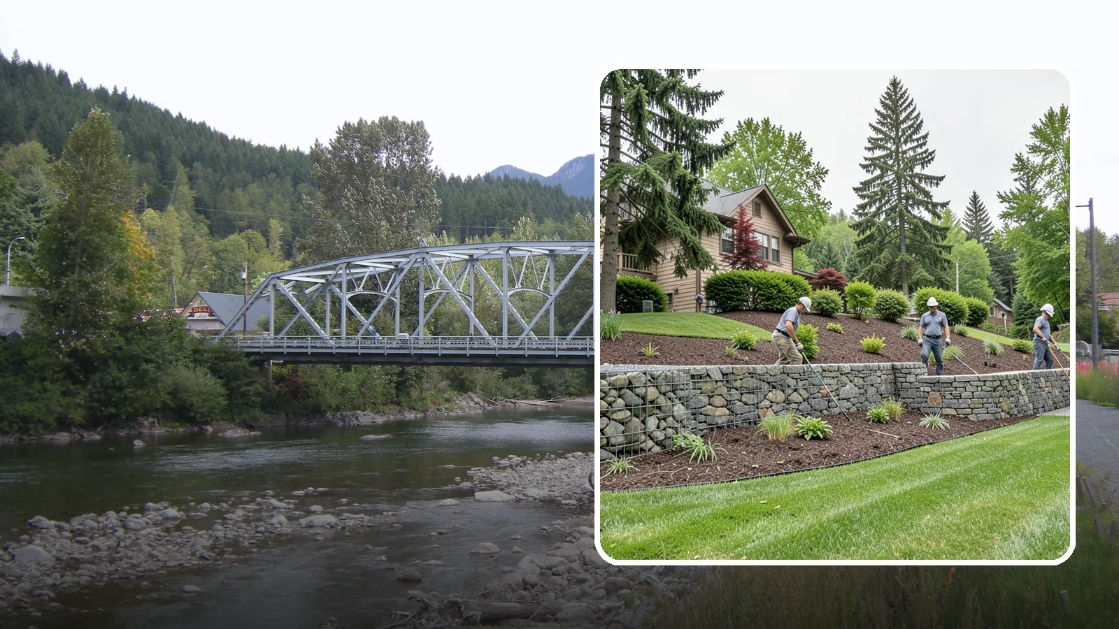 Gabion Retaining Wall in Skykomish, King County, WA - A free-draining wall of stone-filled wire baskets that offers industrial style and outstanding water management for PNW slopes.