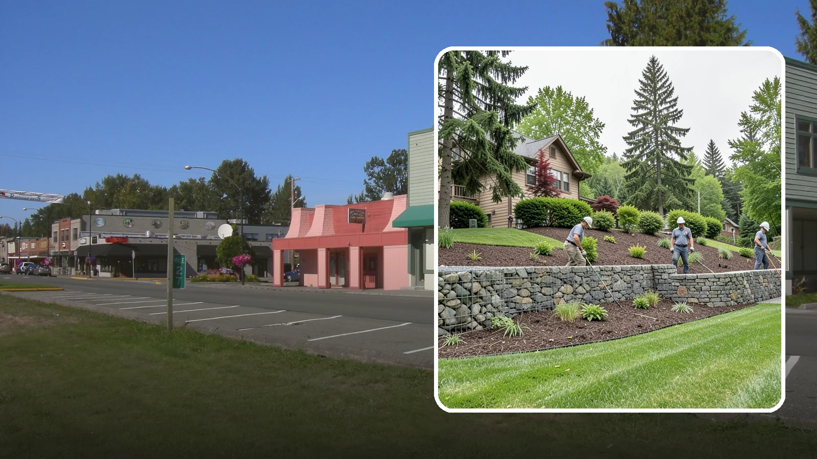 Gabion Retaining Wall in Snoqualmie, King County, WA - A free-draining wall of stone-filled wire baskets that offers industrial style and outstanding water management for PNW slopes.