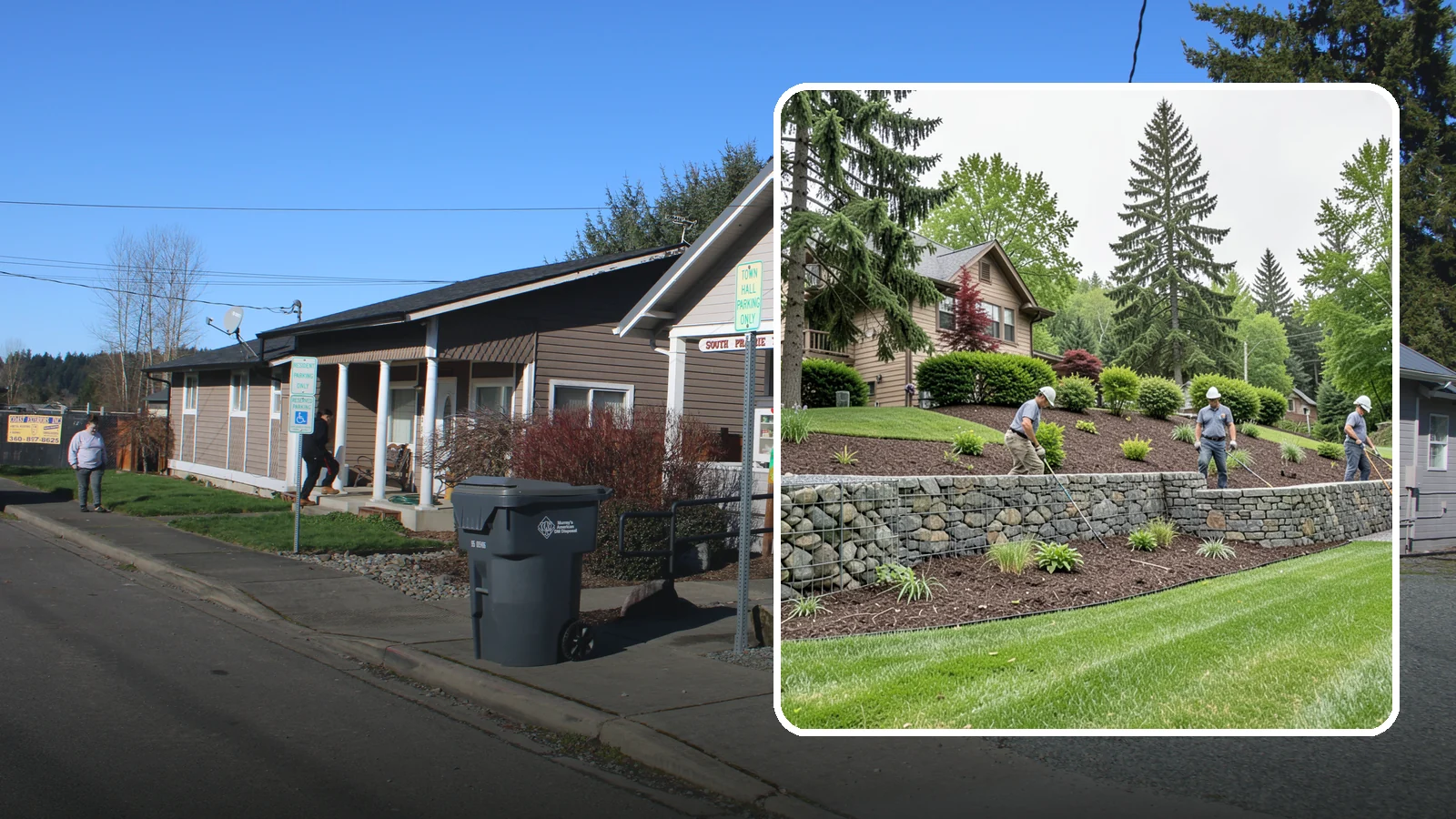 Gabion Retaining Wall in South Prairie, Pierce County, WA - A free-draining wall of stone-filled wire baskets that offers industrial style and outstanding water management for PNW slopes.