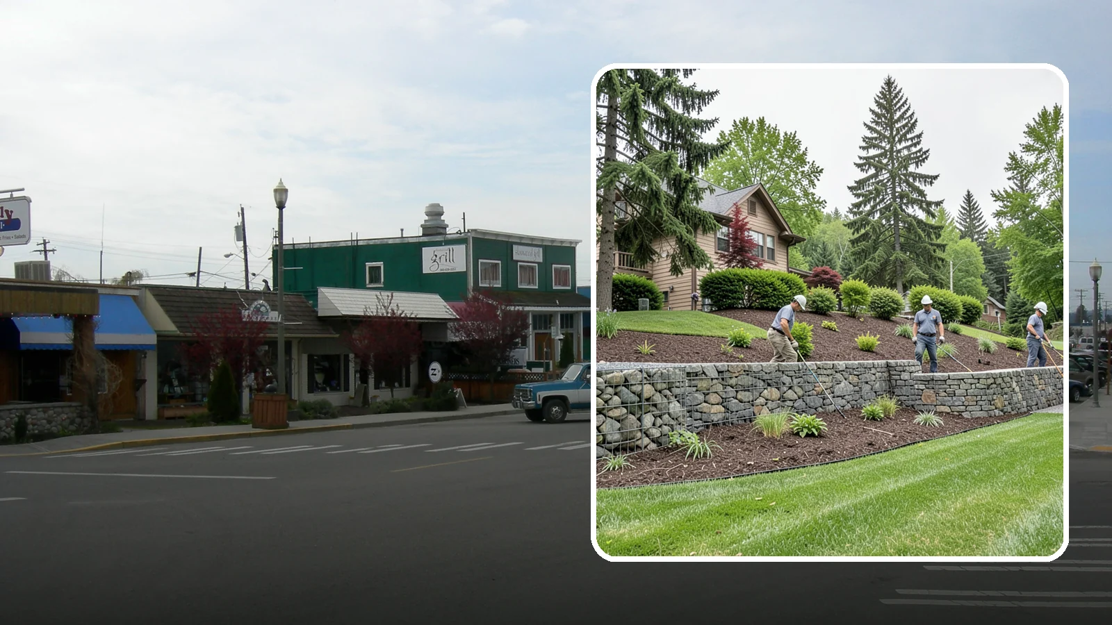 Gabion Retaining Wall in Stanwood, Snohomish County, WA - A free-draining wall of stone-filled wire baskets that offers industrial style and outstanding water management for PNW slopes.