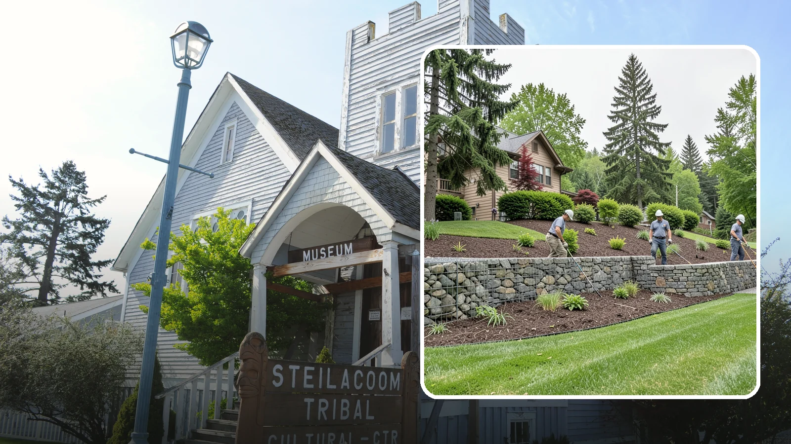 Gabion Retaining Wall in Steilacoom, Pierce County, WA - A free-draining wall of stone-filled wire baskets that offers industrial style and outstanding water management for PNW slopes.