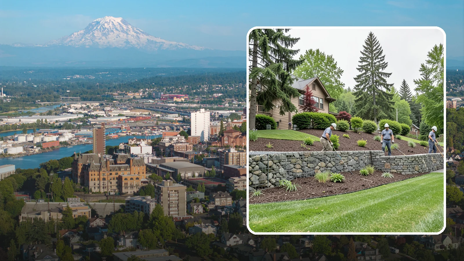 Gabion Retaining Wall in Tacoma, Pierce County, WA - A free-draining wall of stone-filled wire baskets that offers industrial style and outstanding water management for PNW slopes.