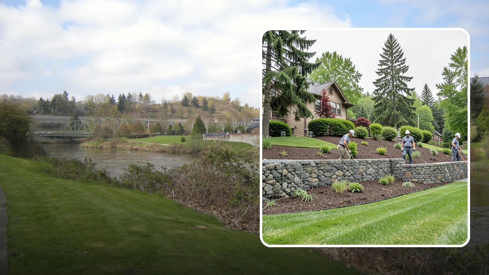 Gabion Retaining Wall in Tukwila, King County, WA - A free-draining wall of stone-filled wire baskets that offers industrial style and outstanding water management for PNW slopes.