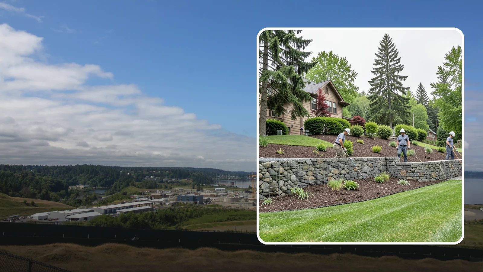 Gabion Retaining Wall in University Place, Pierce County, WA - A free-draining wall of stone-filled wire baskets that offers industrial style and outstanding water management for PNW slopes.