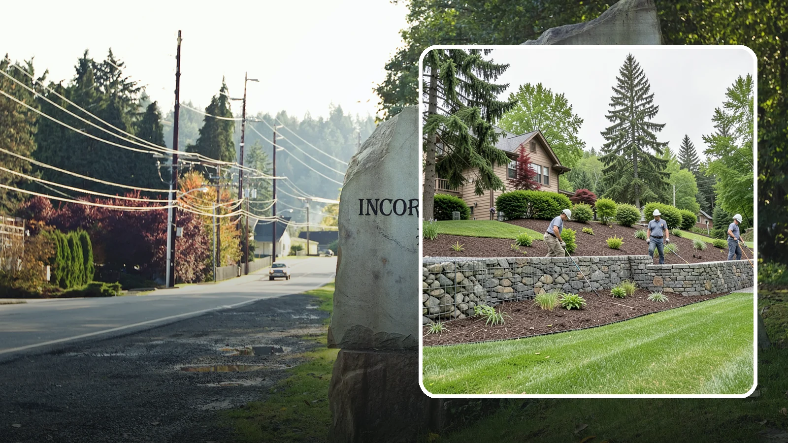 Gabion Retaining Wall in Wilkeson, Pierce County, WA - A free-draining wall of stone-filled wire baskets that offers industrial style and outstanding water management for PNW slopes.