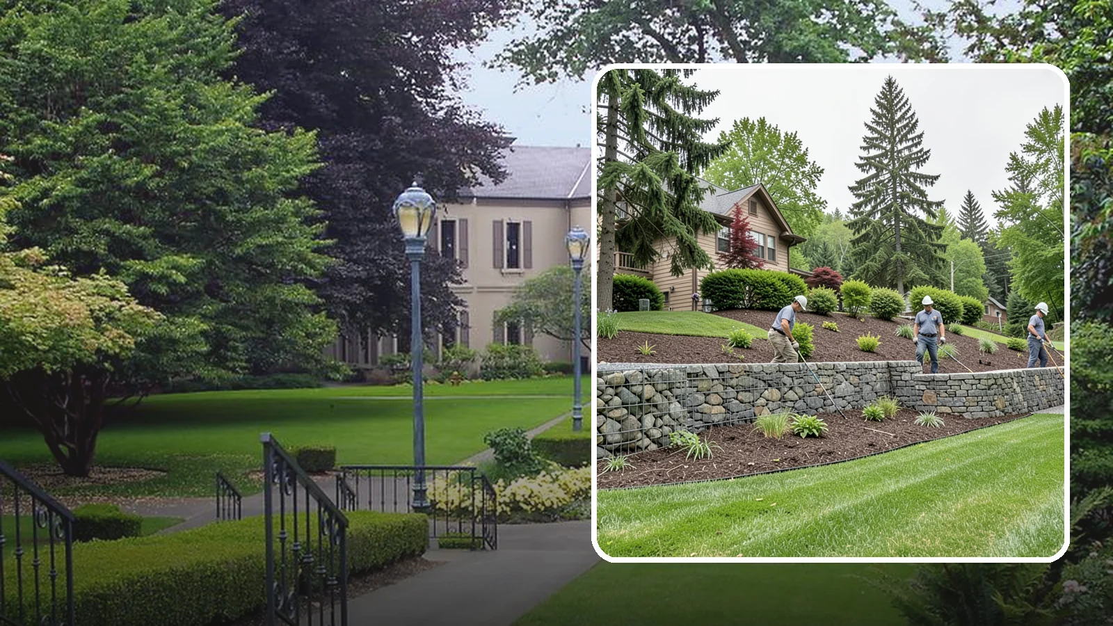 Gabion Retaining Wall in Woodinville, King County, WA - A free-draining wall of stone-filled wire baskets that offers industrial style and outstanding water management for PNW slopes.