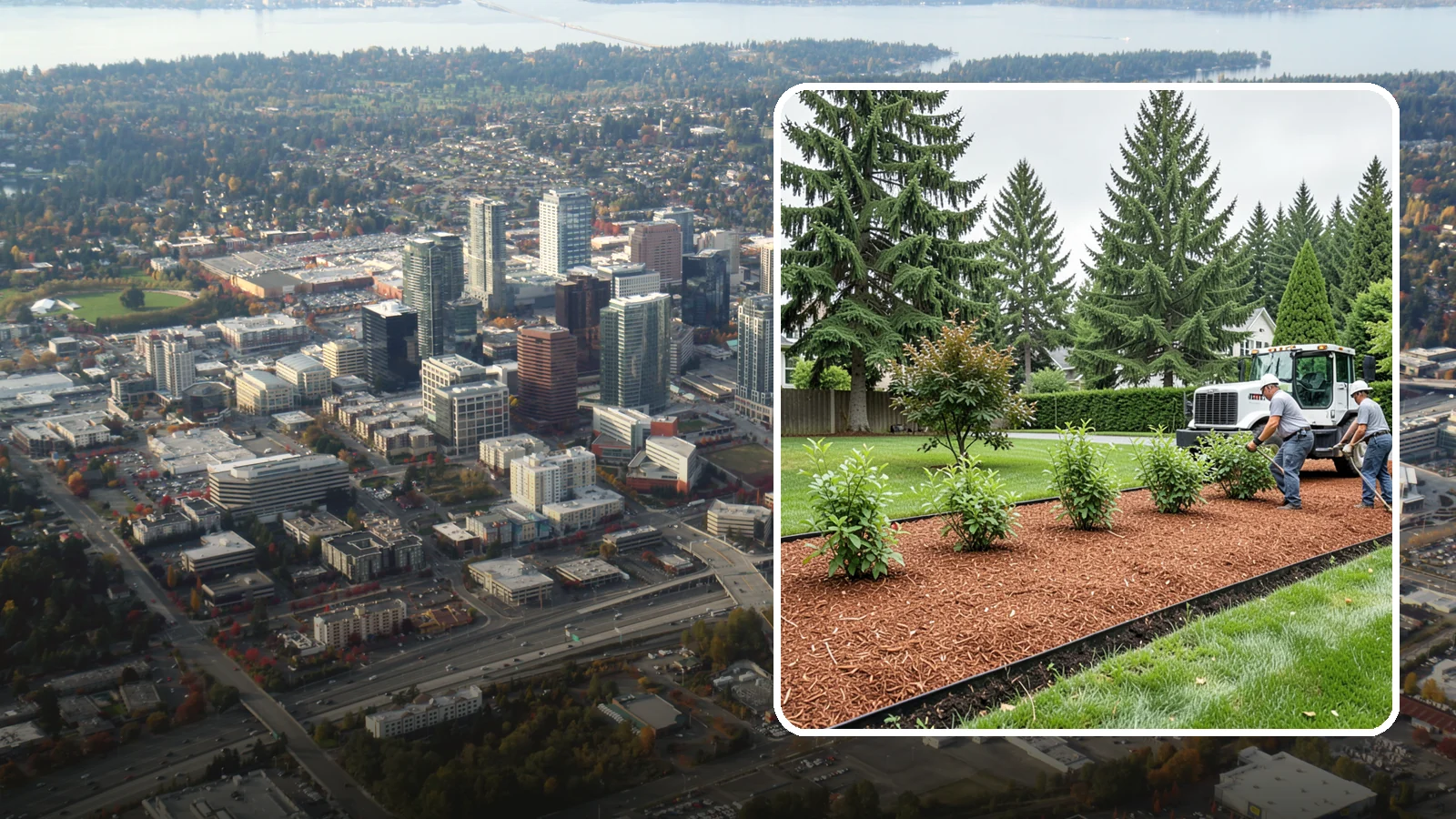 Hemlock Mulch Installation in Bellevue, King County, WA - We install rich reddish-brown hemlock mulch that resists artificial fading and gives beds a naturally warm finish.