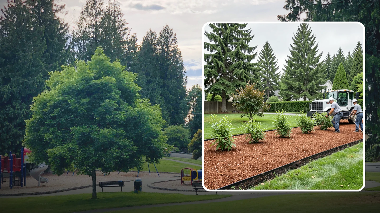 Hemlock Mulch Installation in Bonney Lake, Pierce County, WA - We install rich reddish-brown hemlock mulch that resists artificial fading and gives beds a naturally warm finish.