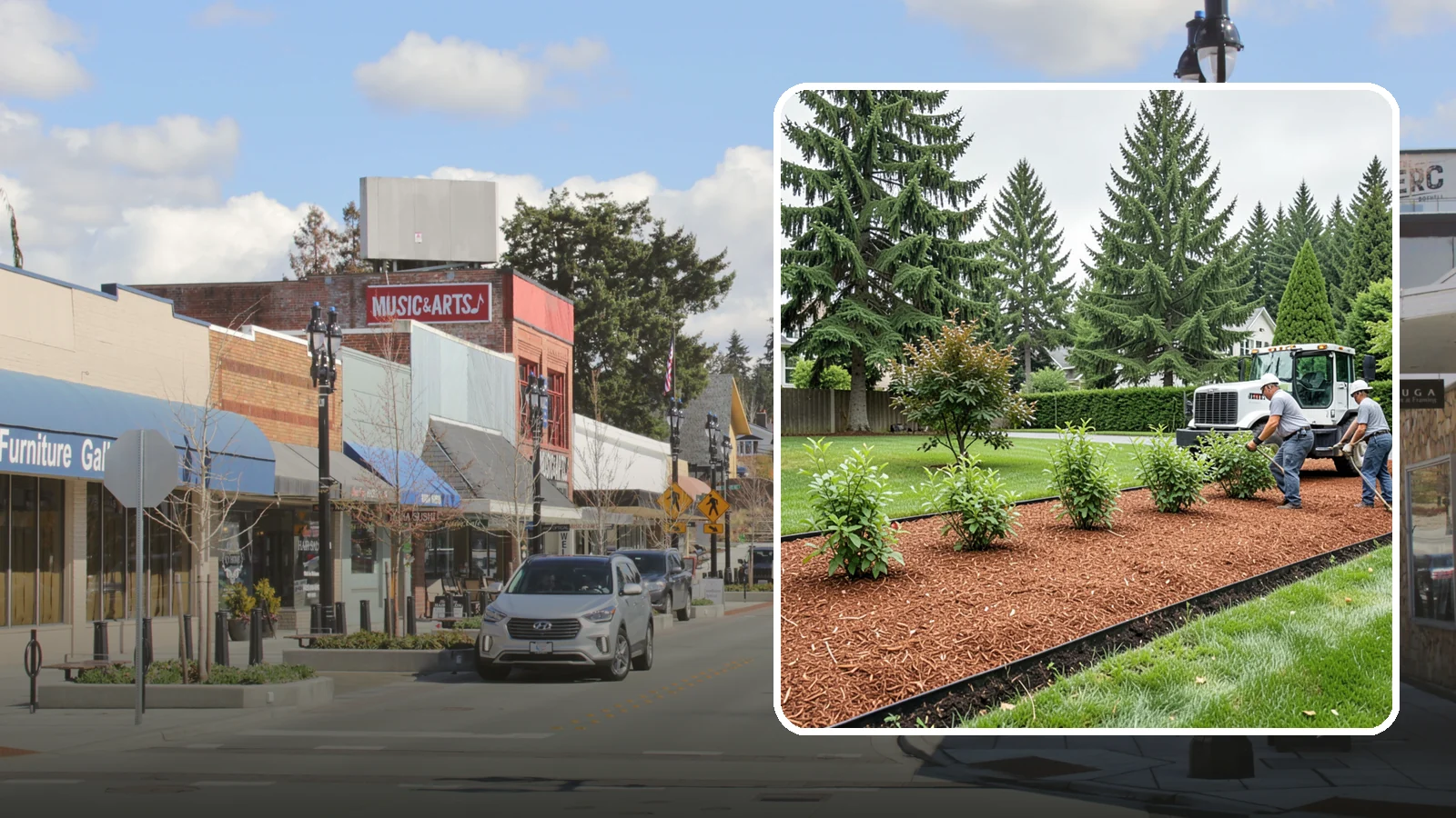 Hemlock Mulch Installation in Bothell, King County, WA - We install rich reddish-brown hemlock mulch that resists artificial fading and gives beds a naturally warm finish.