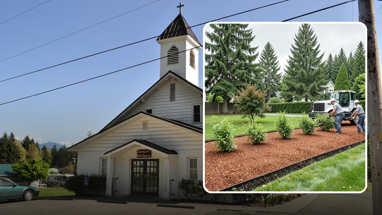 Hemlock Mulch Installation in Concrete, Skagit County, WA - We install rich reddish-brown hemlock mulch that resists artificial fading and gives beds a naturally warm finish.