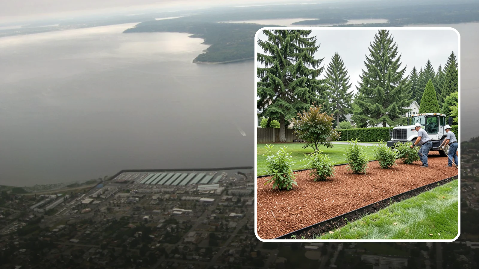 Hemlock Mulch Installation in Des Moines, King County, WA - We install rich reddish-brown hemlock mulch that resists artificial fading and gives beds a naturally warm finish.