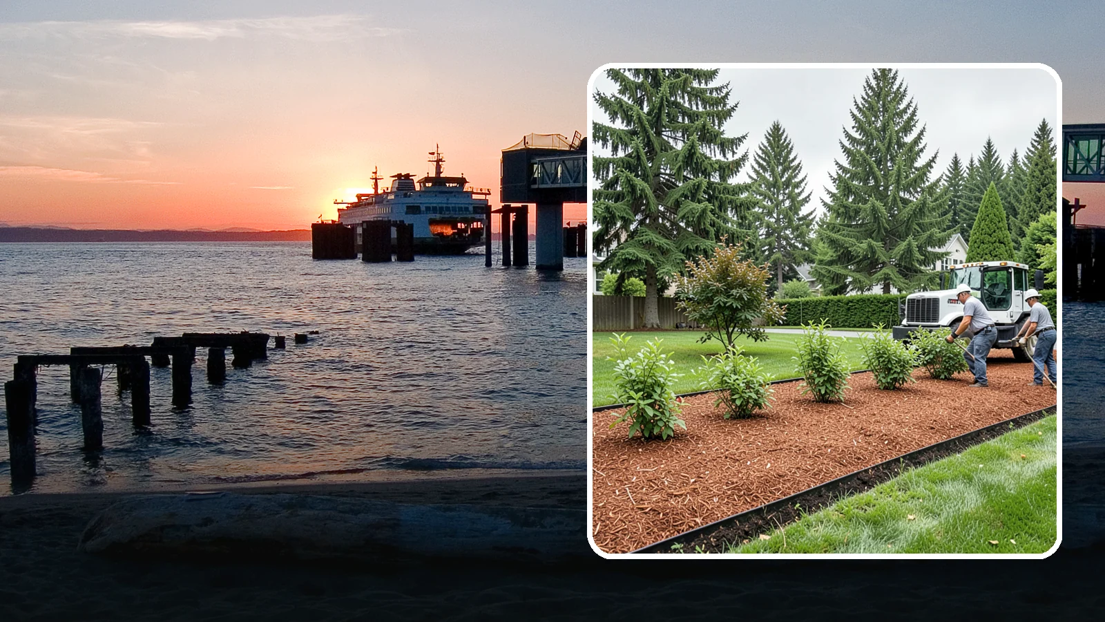 Hemlock Mulch Installation in Edmonds, Snohomish County, WA - We install rich reddish-brown hemlock mulch that resists artificial fading and gives beds a naturally warm finish.