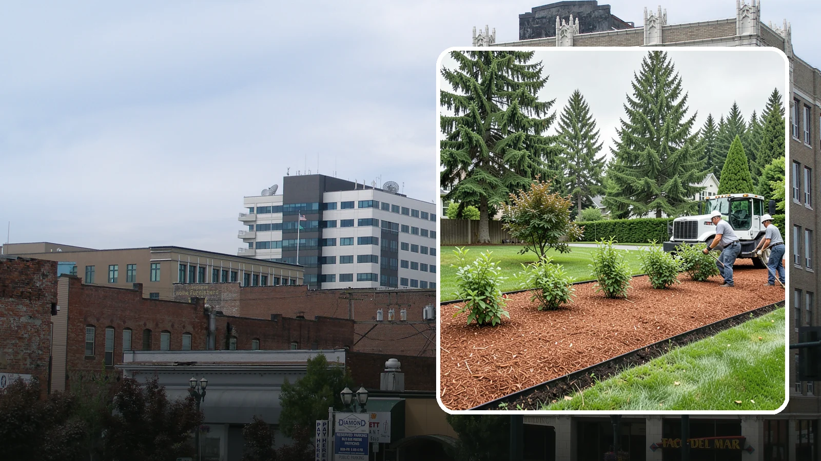 Hemlock Mulch Installation in Everett, Snohomish County, WA - We install rich reddish-brown hemlock mulch that resists artificial fading and gives beds a naturally warm finish.