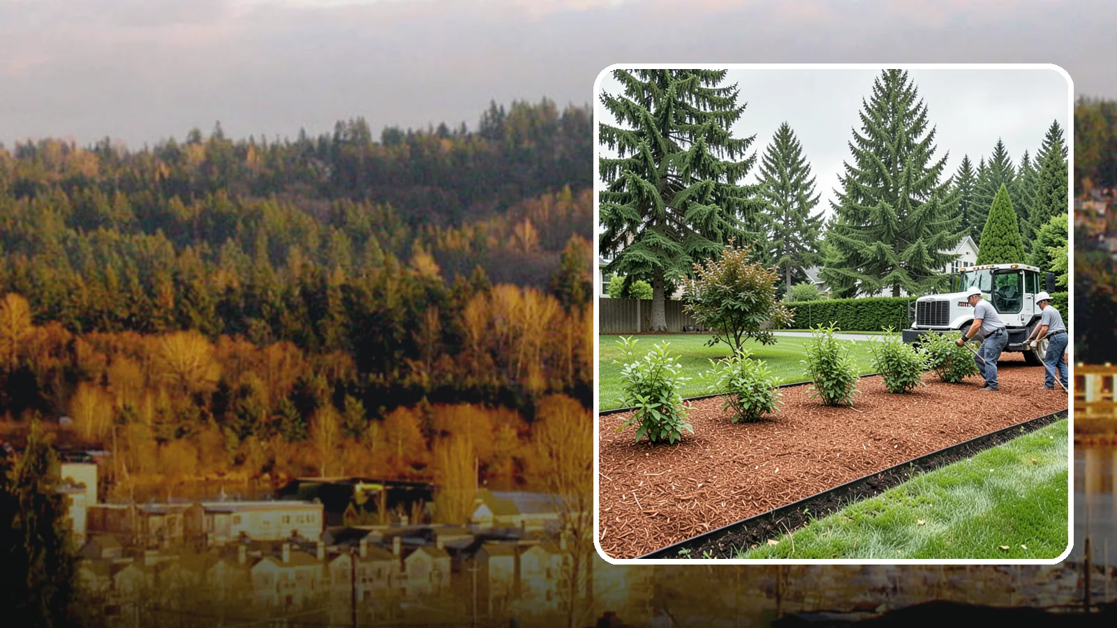 Hemlock Mulch Installation in Kenmore, King County, WA - We install rich reddish-brown hemlock mulch that resists artificial fading and gives beds a naturally warm finish.